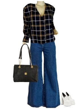 VINTAGE 1980'S TANNER PLAID BLACK, YELLOW & WHITE BLAZER (14)